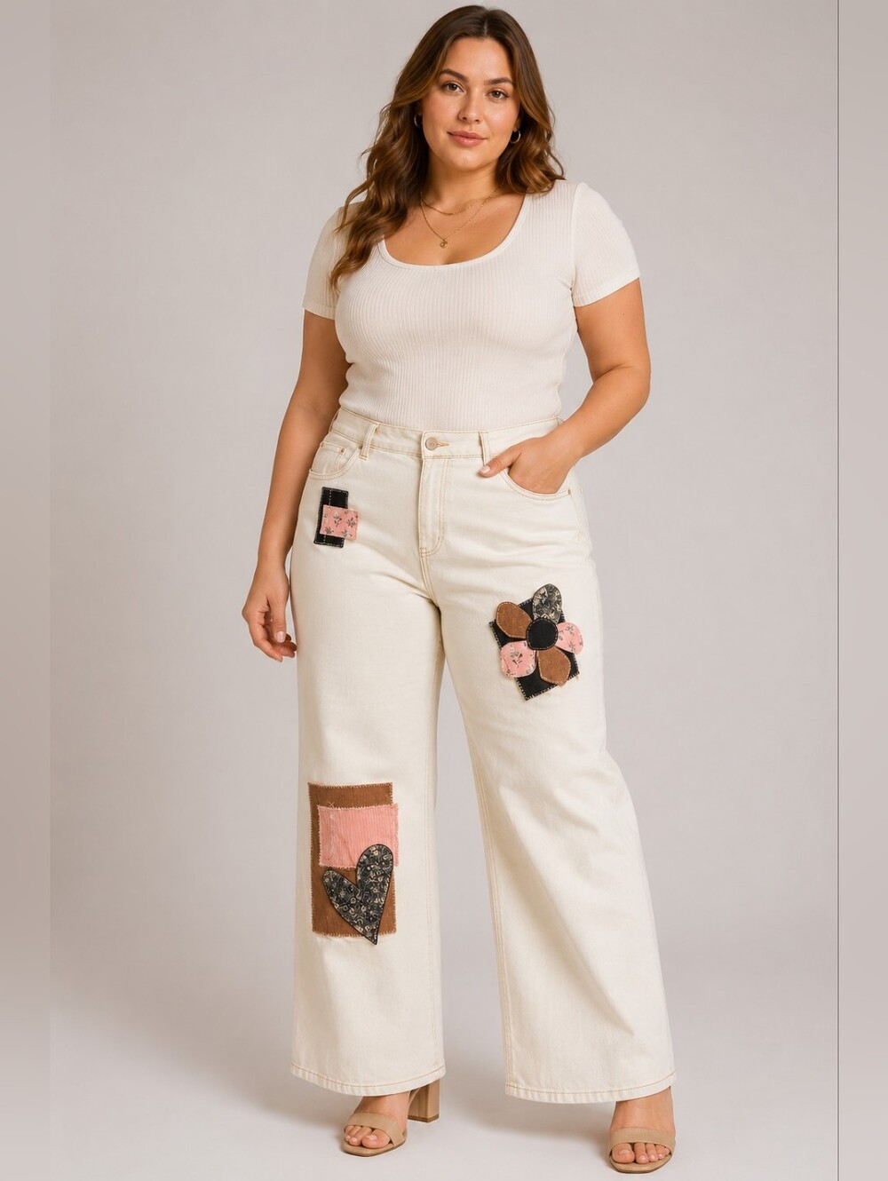 SO 15/32W Cream Wide Leg Patchwork Applique Jeans Y2K Boho Cottagecore